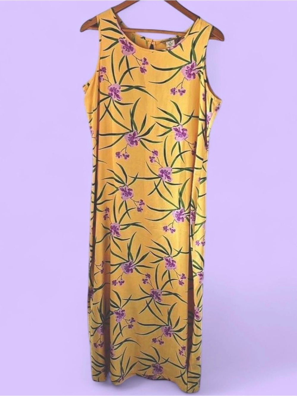 Vintage 100% Silk Bamboo Traders Yellow Floral Maxi Dress